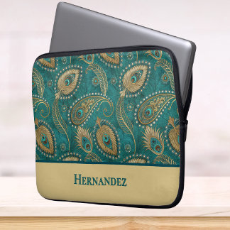 Pauwveer Paisley Turkoois Goud Vintage Naam Laptop Sleeve