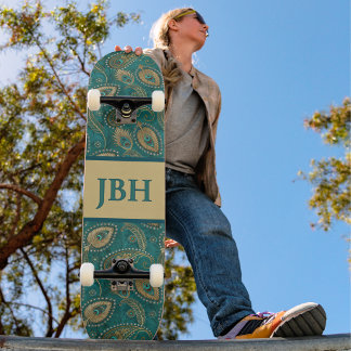 Pauwveer Paisley Turkoois Goud Vintage Naam Persoonlijk Skateboard