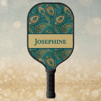 Pauwveer Paisley Turkoois Goud Vintage Naam Pickleball Paddle