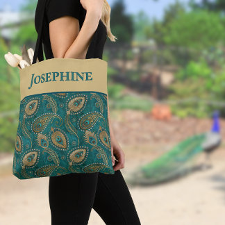 Pauwveer Paisley Turkoois Goud Vintage Naam Tote Bag