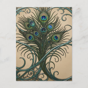 Pauwveren Art Nouveau Sierlijke Teal Lijst Briefkaart