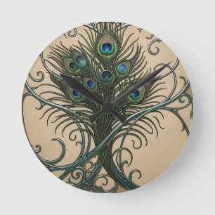 Pauwveren Art Nouveau Sierlijke Teal Lijst Ronde Klok