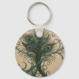Pauwveren Art Nouveau Sierlijke Teal Lijst Sleutelhanger