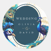 Pauwveren Bruiloft Ronde Sticker (Voorkant)