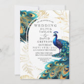 Pauwveren Flora Bruiloft Kaart (Voorkant)