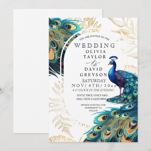 Pauwveren Flora Bruiloft Kaart (Voorkant / Achterkant)
