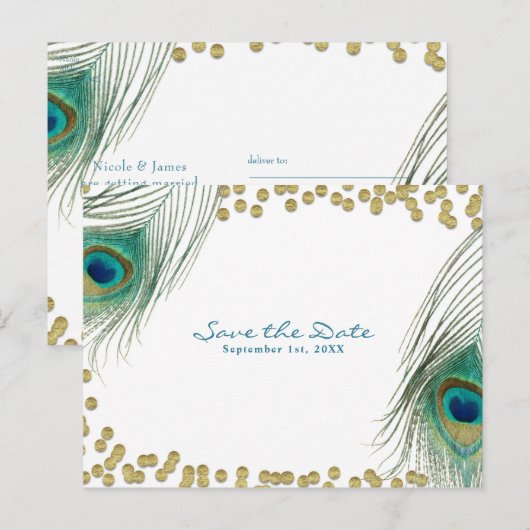 Pauwveren & Goud Boho Glam Save the Date Aankondigingskaart (Voorkant / Achterkant)