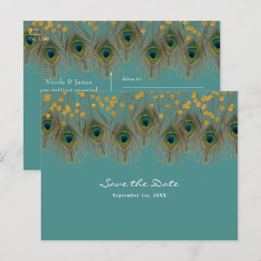 Pauwveren & Goud ELKE KLEUR Save the Date Aankondigingskaart (Voorkant / Achterkant)