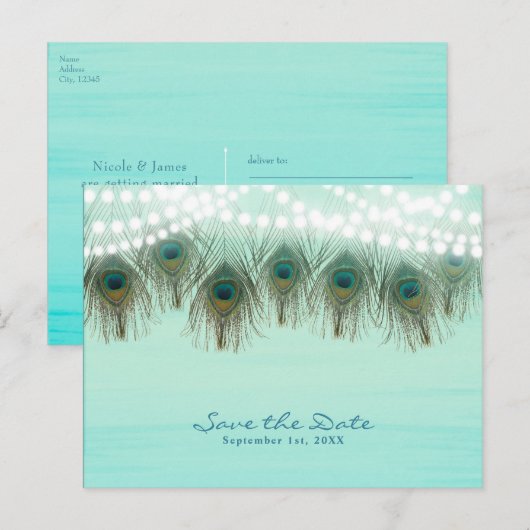 Pauwveren & Lichten Rustic Save the Date Aankondigingskaart (Voorkant / Achterkant)