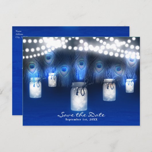 Pauwveren, Metselwerkpot & Lichten Save the Date Aankondigingskaart (Voorkant / Achterkant)