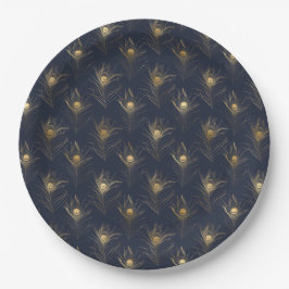Pauwveren Navy Blauwe Gouden Print Stijlvol Papieren Bordje