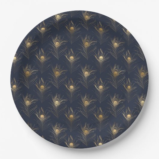 Pauwveren Navy Blauwe Gouden Print Stijlvol Papieren Bordje (Voorkant)