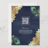 Pauwveren QR-code Marineblauw Moslim Bruiloft Kaart (Achterkant)
