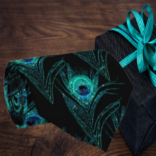 Pauwveren Teal Blauw Zwart Kraag Stropdas