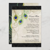 Pauwveren Zwart Damast Huwelijksstationery Menu (Voorkant / Achterkant)