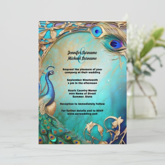 pauwvogelveren art nouveau kaart (Staand voorkant)