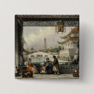 Pavilion and Gardens of a Mandarin near Peking, vo Vierkante Button 5,1 Cm