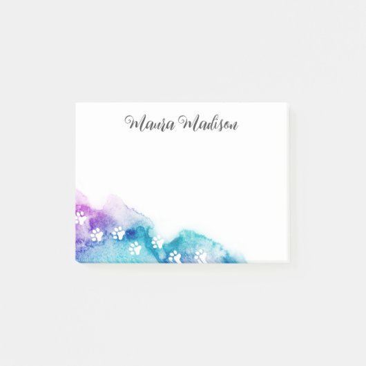 Paw-afdrukken op paarse waterverf van aqua post-it® notes (Voorkant)