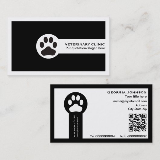 Paw and QR code black Vet/Veterinary Clinic  Visitekaartje (Voorkant / Achterkant)