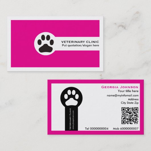 Paw and QR code hot pink Vet/Veterinary Clinic Visitekaartje (Voorkant / Achterkant)