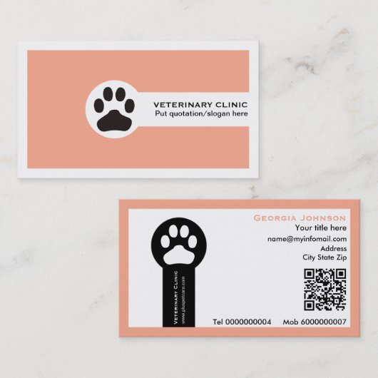 Paw and QR code peach Vet/Veterinary Clinic  Visitekaartje (Voorkant / Achterkant)
