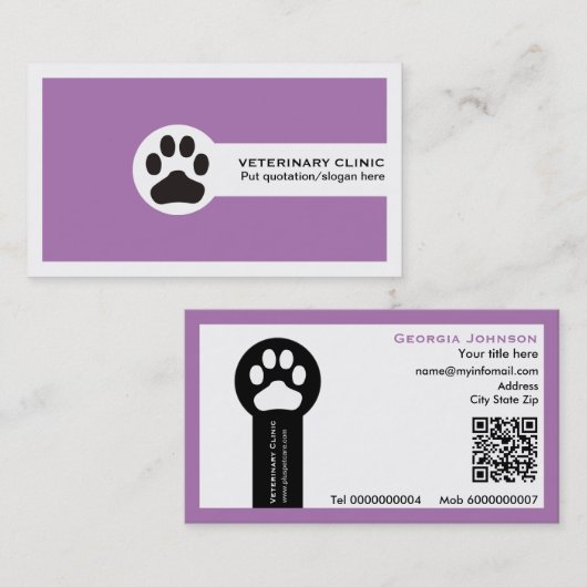 Paw and QR code purple Vet/Veterinary Clinic  Visitekaartje (Voorkant / Achterkant)