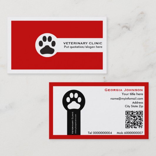 Paw and QR code red Vet/Veterinary Clinic  Visitekaartje (Voorkant / Achterkant)