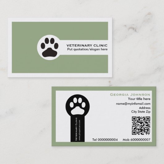 Paw and QR code sage green Vet/Veterinary Clinic  Visitekaartje (Voorkant / Achterkant)