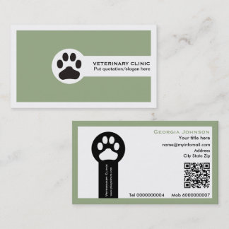 Paw and QR code sage green Vet/Veterinary Clinic  Visitekaartje
