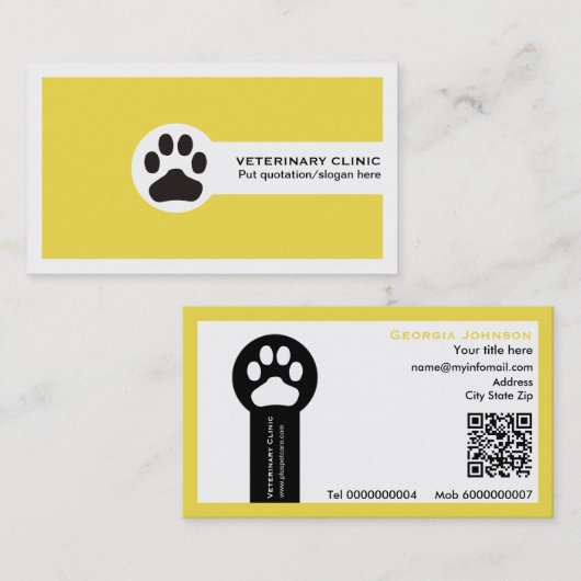 Paw and QR code yellow Vet/Veterinary Clinic Visitekaartje (Voorkant / Achterkant)