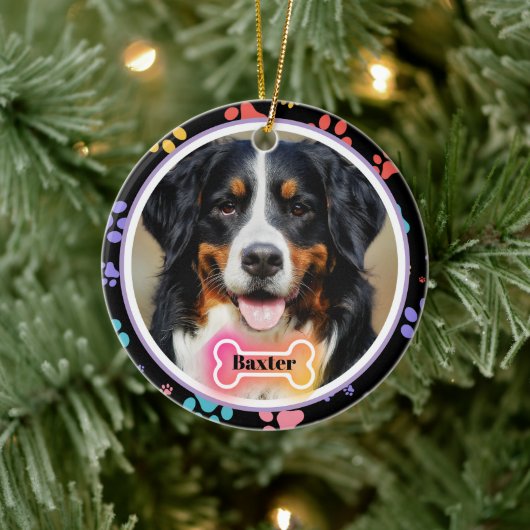 Paw Drukt Aangepaste Pet Foto en Naam Keramisch Ornament (Boom)