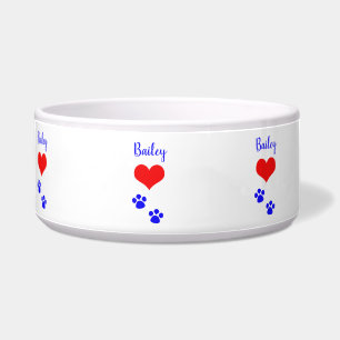 Paw Drukt Kute Heart Naam Monogram Rood Blauw Wit Voerbakje