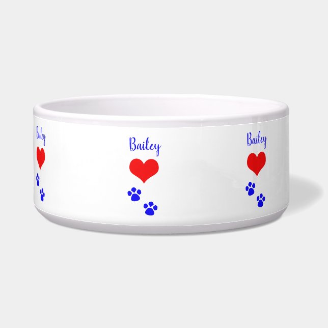 Paw Drukt Kute Heart Naam Monogram Rood Blauw Wit Voerbakje (Links)
