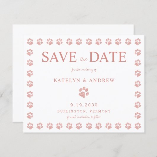 Paw Drukt Roos Gold sparen de Datum Uitnodiging (Voorkant / Achterkant)