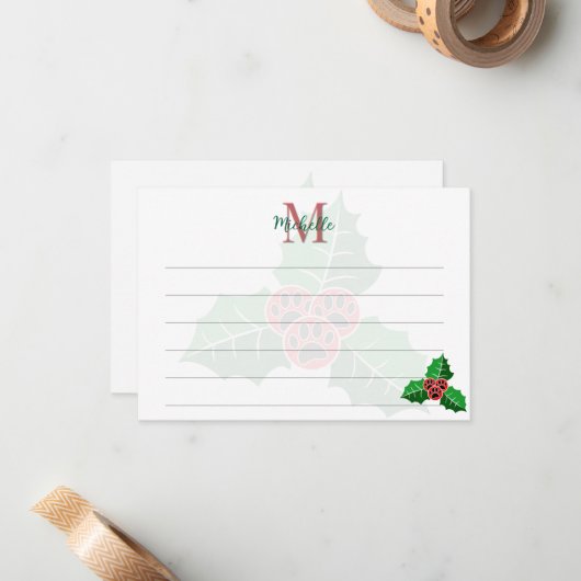 Paw Holly Leaves Christmas Custom Monogram Lined Notitiekaartje (Voorkant / Achterkant in situ)