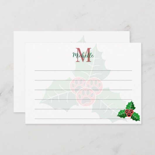 Paw Holly Leaves Christmas Custom Monogram Lined Notitiekaartje (Voorkant / Achterkant)