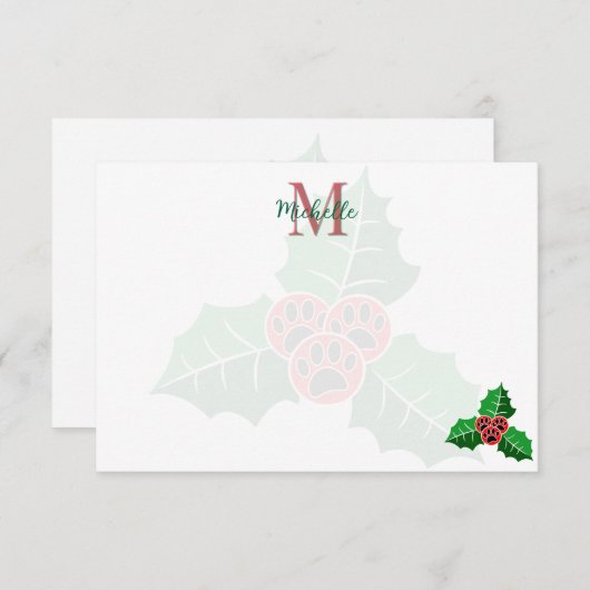 Paw Holly Leaves Christmas Custom Monogram Notitiekaartje (Voorkant / Achterkant)
