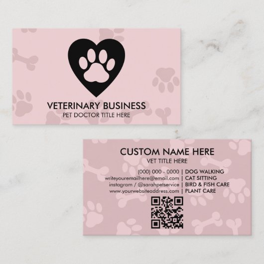 Paw Logo in hart Pet Groomer qr code Visitekaartje (Voorkant / Achterkant)