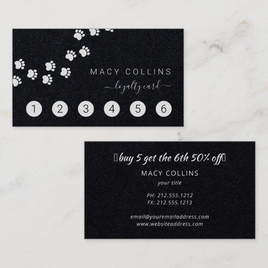 Paw path white on black dog groomer loyalty card visitekaartje (Voorkant / Achterkant)