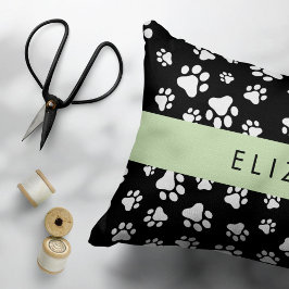 Paw Pattern, Dog Paws, Black and White, Jouw naam Accent Kussen