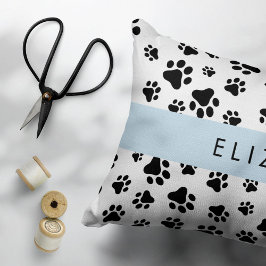 Paw Pattern, Dog Paws, Black and White, Jouw naam Accent Kussen
