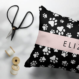 Paw Pattern, Dog Paws, Black and White, Jouw naam Accent Kussen