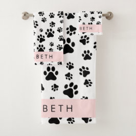 Paw Pattern, Dog Paws, Black and White, Jouw naam Bad Handdoek