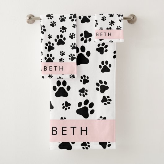 Paw Pattern, Dog Paws, Black and White, Jouw naam Bad Handdoek (Insitu)