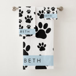 Paw Pattern, Dog Paws, Black and White, Jouw naam Bad Handdoek