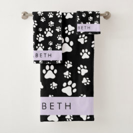 Paw Pattern, Dog Paws, Black and White, Jouw naam Bad Handdoek