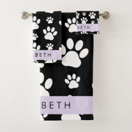 Paw Pattern, Dog Paws, Black and White, Jouw naam Bad Handdoek