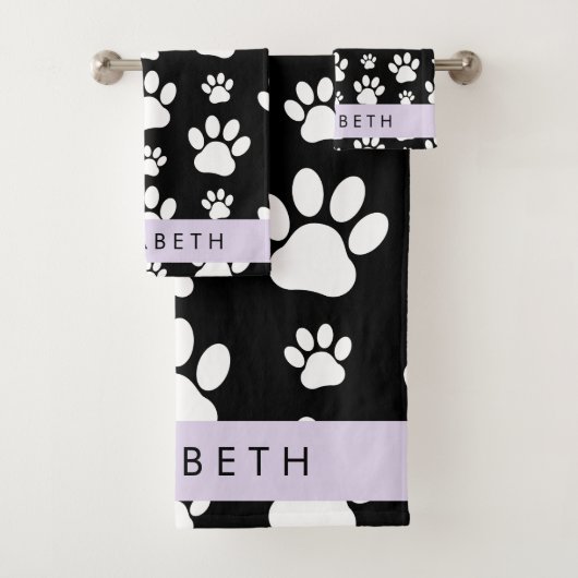 Paw Pattern, Dog Paws, Black and White, Jouw naam Bad Handdoek (Insitu)