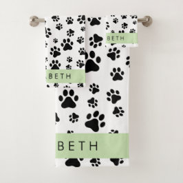 Paw Pattern, Dog Paws, Black and White, Jouw naam Bad Handdoek