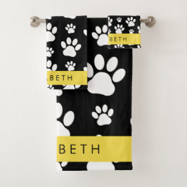 Paw Pattern, Dog Paws, Black and White, Jouw naam Bad Handdoek